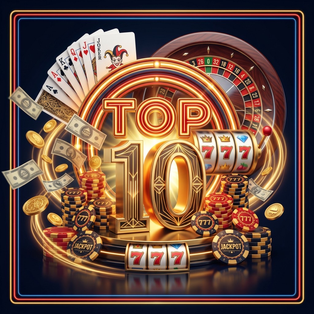 Golden number ten with cards, chips and a roulette wheel on a dark field.